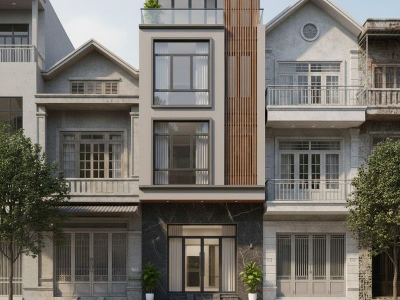 Phối màu sơn mặt tiền nhà ống 3 tầng