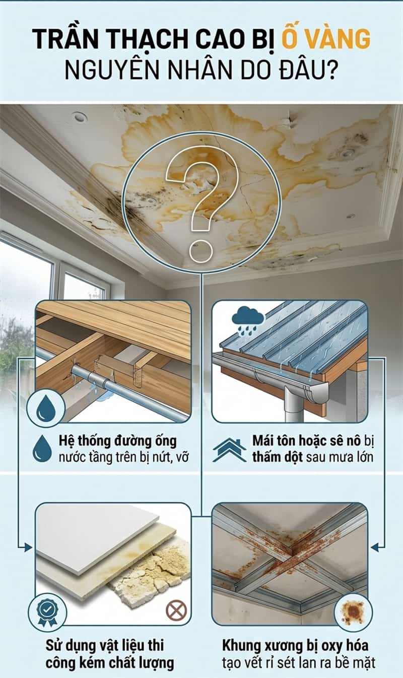 trần thạch cao bị ố vàng