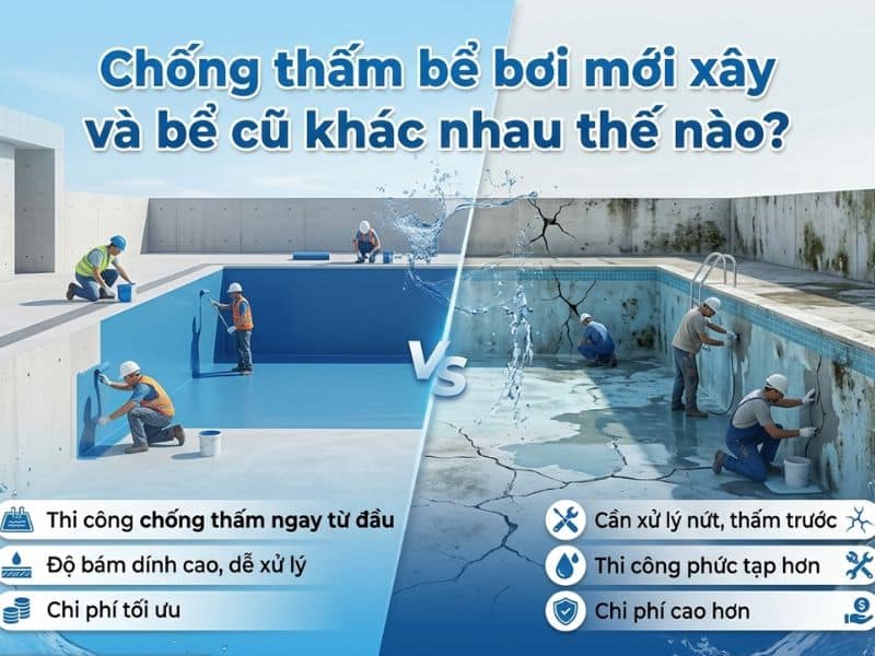 Chống thấm bể bơi mới xây với bể cũ khác nhau thế nào