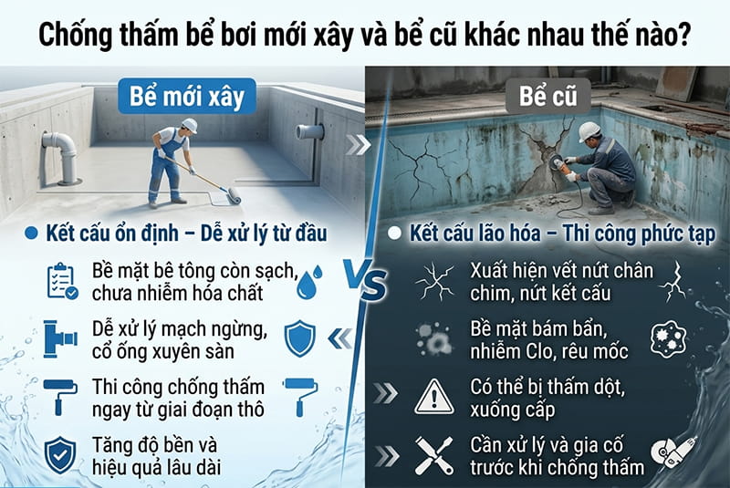 Chống thấm bể bơi mới xây với bể cũ khác nhau thế nào