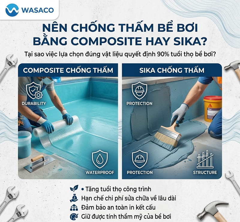 Nên chống thấm bể bơi bằng composite hay sika 