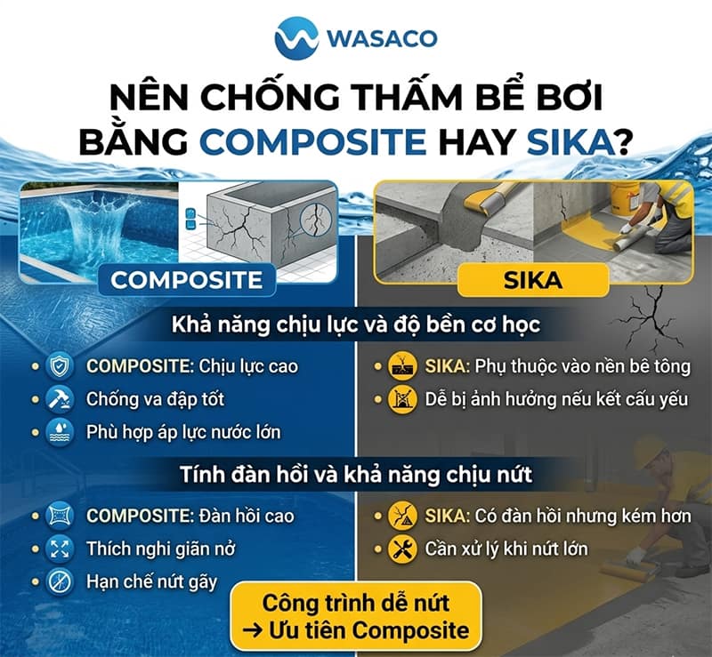Nên chống thấm bể bơi bằng composite hay sika 