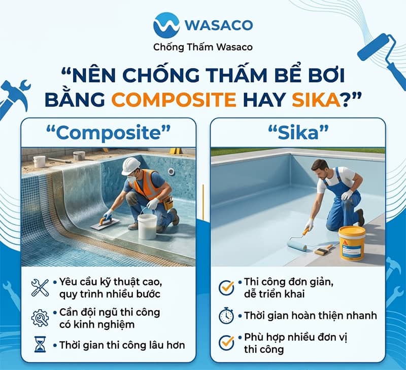 Nên chống thấm bể bơi bằng composite hay sika 