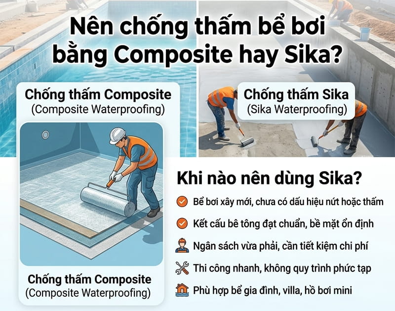Nên chống thấm bể bơi bằng composite hay sika 