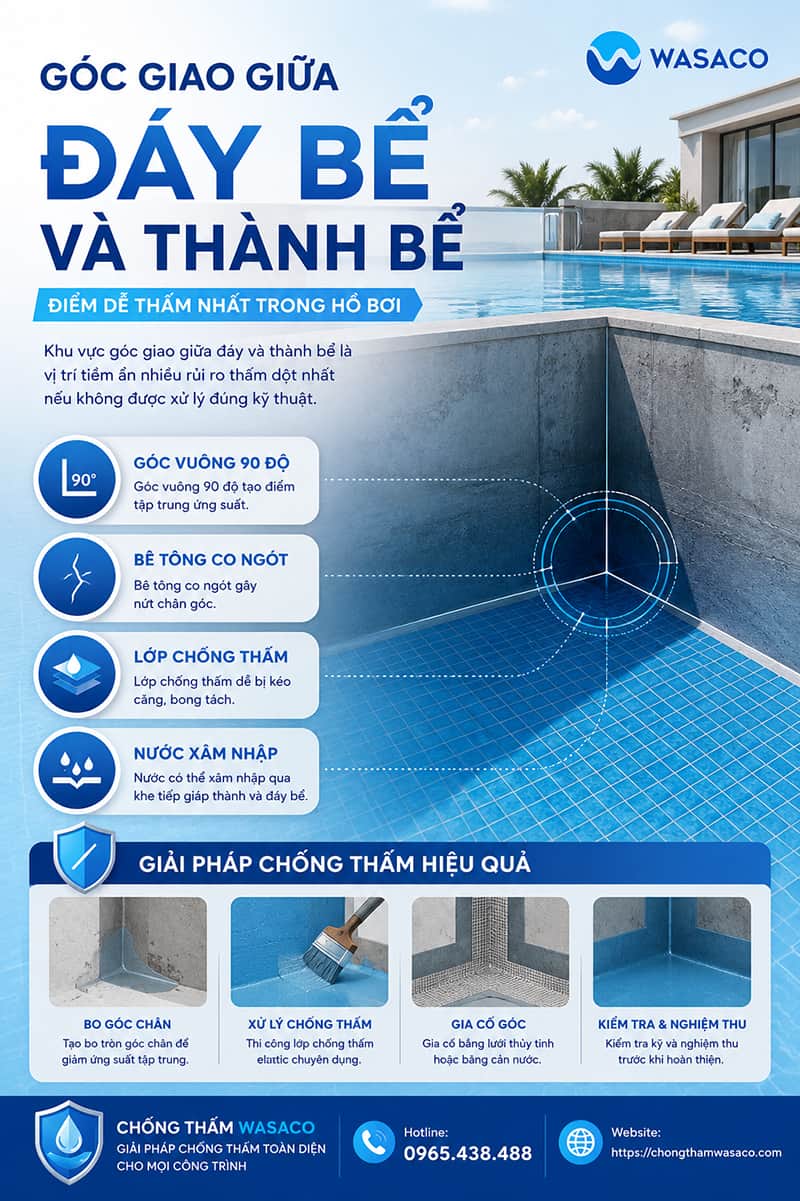 Cách xử lý góc vuông khi chống thấm hồ bơi