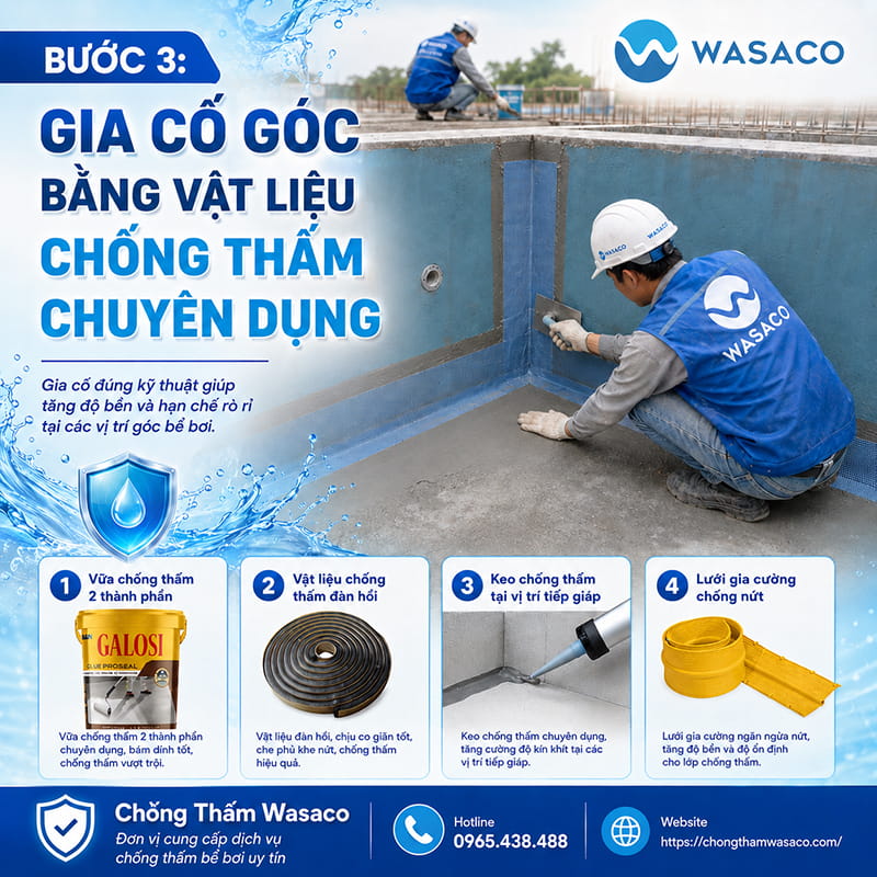 Cách xử lý góc vuông khi chống thấm hồ bơi